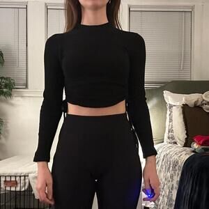FashionNova Black Mock Neck Ribbed Ruched Top